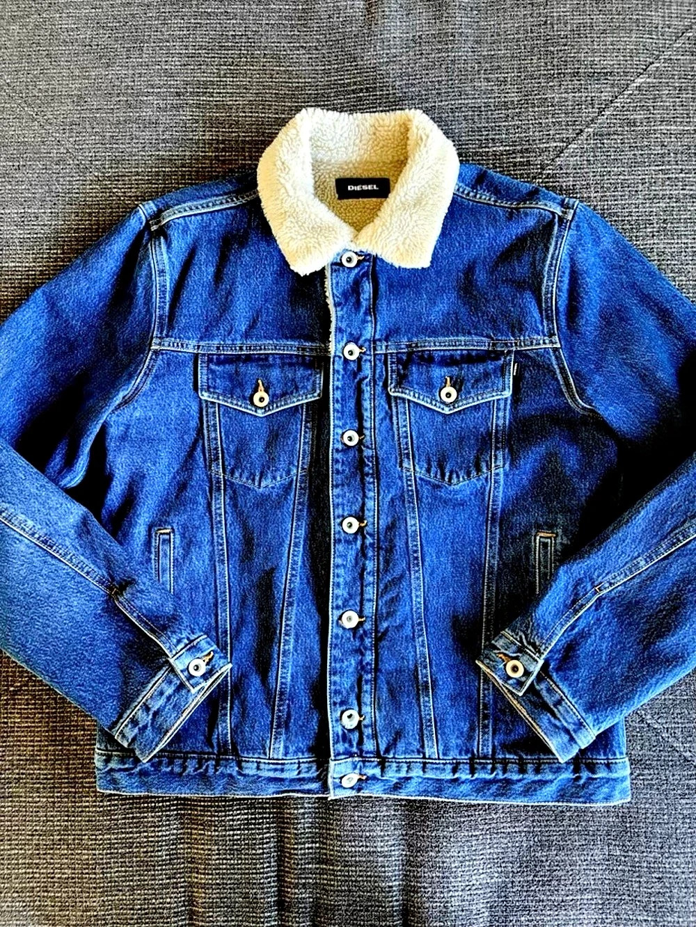 Diesel Denim Sherpa-Lined slim fitted cropped Jacket Blue & Cream XL Like New